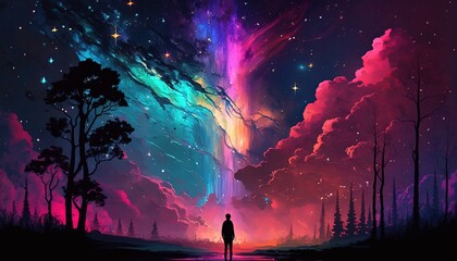 Wall Mural - a man under  starry night sky with silhouette forest shadow, Generative Ai
