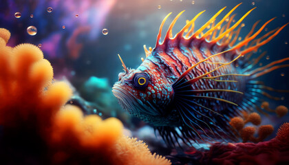Beautiful Colorful Lion Fish swimming in colorful coral reef in crystal clear waters. Generative AI