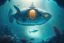 Fantasy Futuristic Submarine Sails Underwater. Generative AI