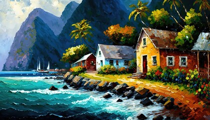 Wall Mural - paint like illustration of  beautiful tropical seascape village with house and tree nature landscape, Generative Ai