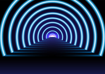Fototapete - Abstract Technology Background Blue Glow Tunnel Perspectives and roads with glowing lines at the ends of lights illuminate the gradient background.