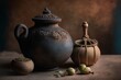 The selective focus of a camera on a bombilla and calabash used to brew mate herbal tea, set on a background of grey plaster Generative AI