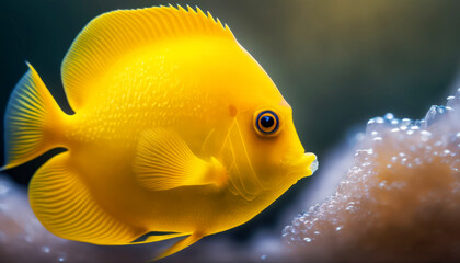 Wall Mural - Beautiful Colorful Yellow Angel  Fish swimming in colorful coral reef in crystal clear waters Generative AI