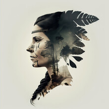 Generative Of Native Indian Woman With Feathers