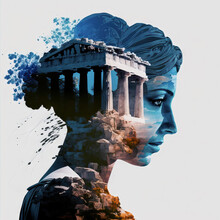 Generative AI Illustration Of Sculpture Of Woman And Greek Ruins