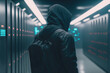 © ADDICTIVE STOCK - AI image of hacker standing among illuminated servers