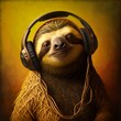 © liliya - Sloth listening to music with headphones, Cartoon character lazy sloth, relax music, AI Generated