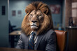 Corporate lion, king of the business jungle in office attire