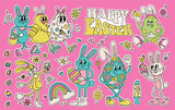 Fototapeta Dinusie - Groovy retro vintage stickers kit in 70s-80s style. Eater characters mascots - rabbit, agg, chicken - with flowers. Vintage Contour Easter elements. Vector hand drawn illustration.