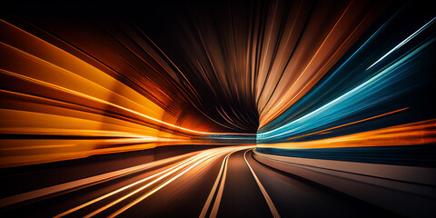 abstract long exposure dynamic speed light trails in a tunnel. generative ai