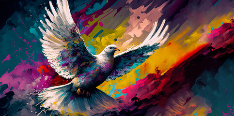 Wall Mural - Abstract art. Colorful painting art of a dove. Holy Spirit concept. Christian illustration. Generative AI.
