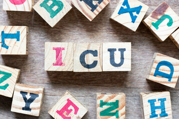 Sticker - Alphabet letter block in word ICU (abbreviation of intensive care unit) and another letter on wood background