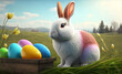 Easter bunny on the meadow, Easter eggs and spring flowers, illustration