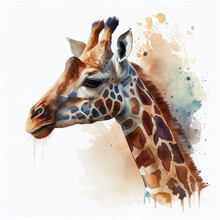 Giraffe Head , Animal, Watercolor Illustration Isolated On White Background, Generative Ai.