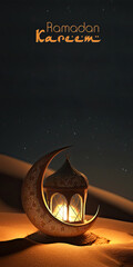 Poster - Ramadan Mubarak Banner Design With 3D Render, Exquisite Crescent Moon With Illuminated Arabic Lamp On Sand Dune.