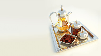 Poster - 3D Render of Arabic Tea or Coffee Pots And Dates Bowl On Tray. Islamic Religious Concept.