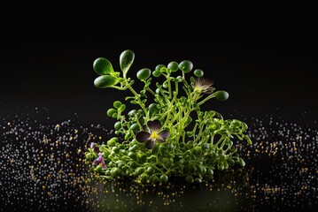 Wall Mural - sunflower, a mound of hay, and other microgreens against a dark backdrop with raindrops. Generative AI