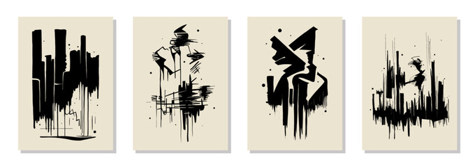 set of 4 banksy inspired wall art posters, brochure, flyer templates, contemporary collage. organic 