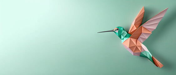 banner with copy space. colourful origami bird in green on a green background. funny looking spring 