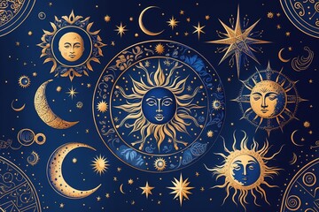 drawing of golden stars, moon, planets, constellations on a blue background, mystical. drawing for t