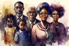 Big African American Family Watercolor Portrait. February, African American History Day. Generative AI Illustration