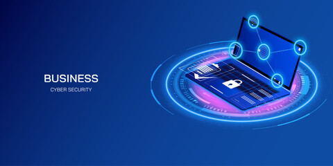 Poster - Abstract blue laptop cyber security concept, data privacy encryption technology platform. HUD UI system interface with business icon, binary number, network protection vector.