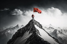 Reaching A Goal Concept - Mountaineer With Red Flag On Mountain. Generative Ai