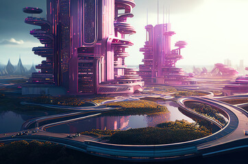 Wall Mural - Futuristic Metropolis View. Buildings from the future megapolis. Generative AI illustration