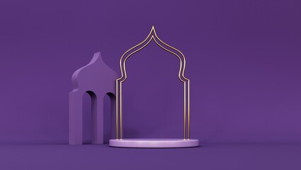 Wall Mural - 3d render of Ramadan Kareem holiday showcase, podium, display. Cartoon style gift boxes, crescent moon with stars, lanterns and arches. Pastel holiday baner mawlid, isra, iftar, miraj, muharram.