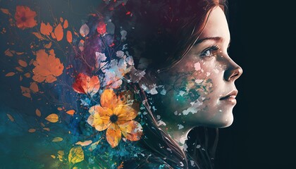 Wall Mural - Double exposure woman profile and flowers mental health women's day illustration generative ai