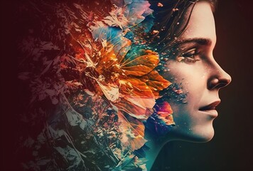 Wall Mural - Double exposure woman profile and flowers mental health women's day illustration generative ai