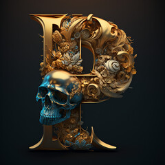 skull, gold, undead, a, b, c, d, e, f, g, h, i, j, k, l, m, n, o, p, q, r, s, t, u, v, w, x, y, z, alphabet, letters, design, decoration, pattern, illustration, art, floral, vintage, ai, generative