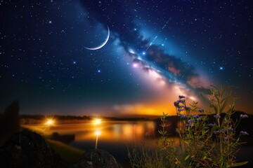 Wall Mural - sunset at night at sea starry sky and moon on dramatic clouds sea water wave and stones on horizon b