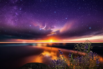 Wall Mural - sunset at night at sea starry sky and moon on dramatic clouds sea water wave and stones on horizon b