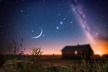 Wall Mural - sunset at night at sea starry sky and moon on dramatic clouds sea water wave and stones on horizon b