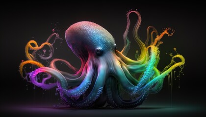 Neon glowing kraken or octopus animal isolated on dark background, phantasmal iridescent, psychic waves created with generative ai technology