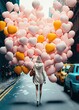 © Uncanny Valley - Creative colorful sweet, street party concept of a young girl in a bunch of helium balloons. Beautiful colorful balls as a symbol of fun and love. Generative AI.