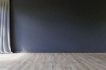 empty dark blue wall frontal in modern light-flooded room, wooden parquet floor; sunshine; 3D illustration