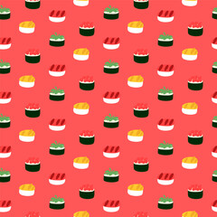 Wall Mural - Sushi Sashimi Seamless Pattern. Vector Illustration of Japanese Asian Kitchen Cafe.