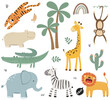 Set of cute african animals. Elephant, tiger, leon, giraffe, hippo, zebra, monkey, crocodile and bird.