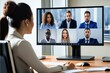 Diverse company employees having online business conference video call on tv screen monitor in board meeting room. Videoconference presentation, Generative AI