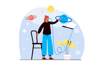 Aufkleber - Cyberspace blue concept with people scene in the flat cartoon design. Girl is in cyberspace, which she entered with the help of gadgets.