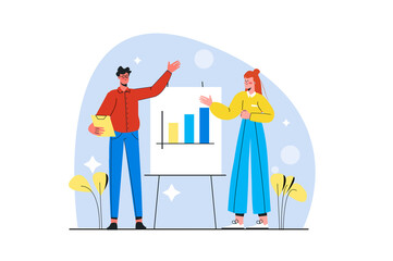 Aufkleber - Sales performance blue concept with people scene in the flat cartoon design. Two marketers sum up sales for the last period.
