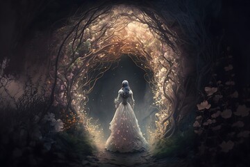 Canvas Print - Floral Cave Entrance with a Princess | Medieval Background/Wallpaper |