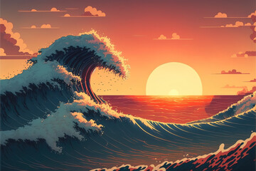 a modern illustration of the waves off kanagawa at sunset, beautiful waves, generative ai technology