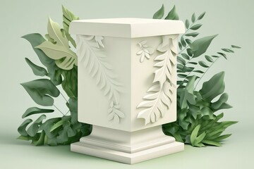 Sticker - a white product display pedestal with a background of fuzzy leaves from nature. Generative AI