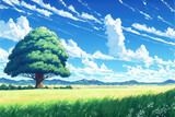 Fototapeta Kosmos - a wonderful summer feeling anime landscape scene, epic perspective, generative ai technology