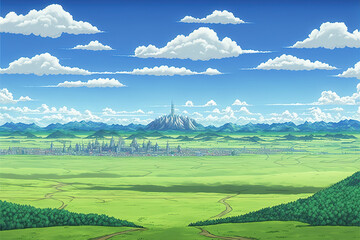 a beautiful anime fantasy illustration of a landscape with a modern city in background, generative ai technology