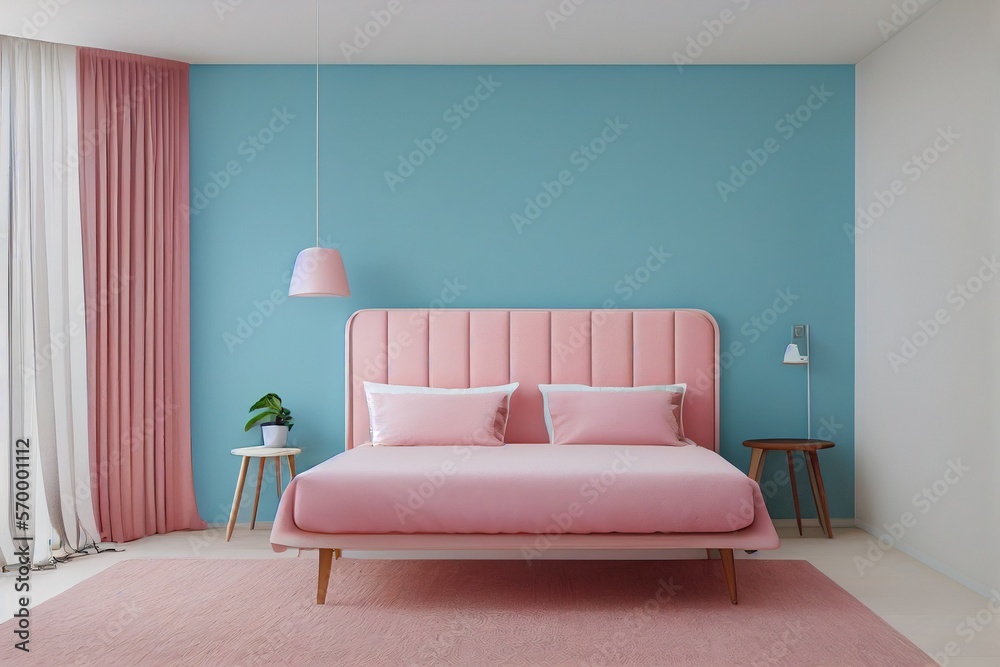 Cute Cozy Living Primary Bedroom Interior with pastel pink and blue ...