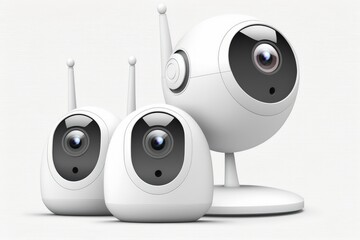 CCTV cameras for security in white, wireless with wi fi, isolated on a white backdrop. Generative AI